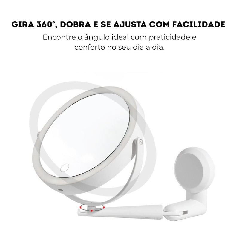 Espelho de Parede Adesivo com LED, Aumento 5x e Giro 360°